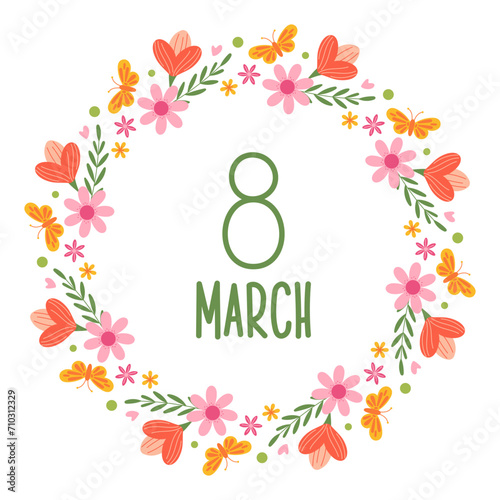 Spring decorative round frame with flowers and butterflies. International Women's Day. March 8. Mother's Day. Design elements for card, invitations, sale, label, scrapbooking.
