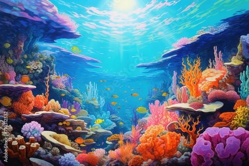 The image showcases a stunning underwater scene, capturing colorful corals and a variety of fish in exquisite detail, A vibrant underwater seascape teeming with colorful coral reef, AI Generated