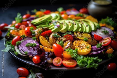 A colorful and nutritious plate of mixed vegetables topped with ripe avocado and juicy tomatoes, A vibrant vegan salad with assorted vegetables, AI Generated
