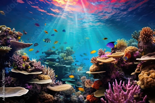 A vibrant underwater scene teeming with colorful tropical fish swimming among vibrant corals, A vibrant underwater seascape teeming with colorful coral reef, AI Generated
