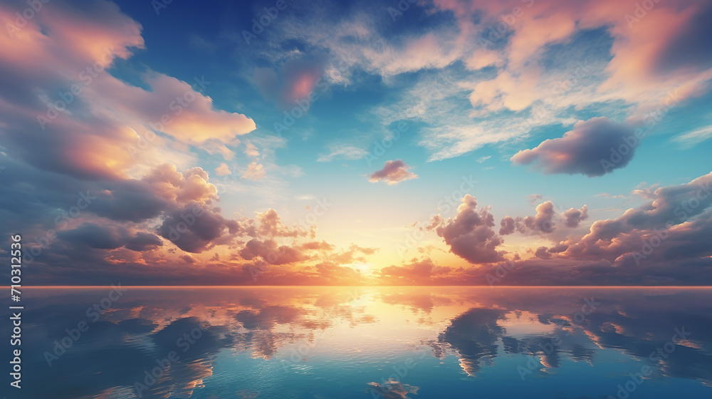 dramatic panorama sky with cloud on sunrise and sunset with reflection