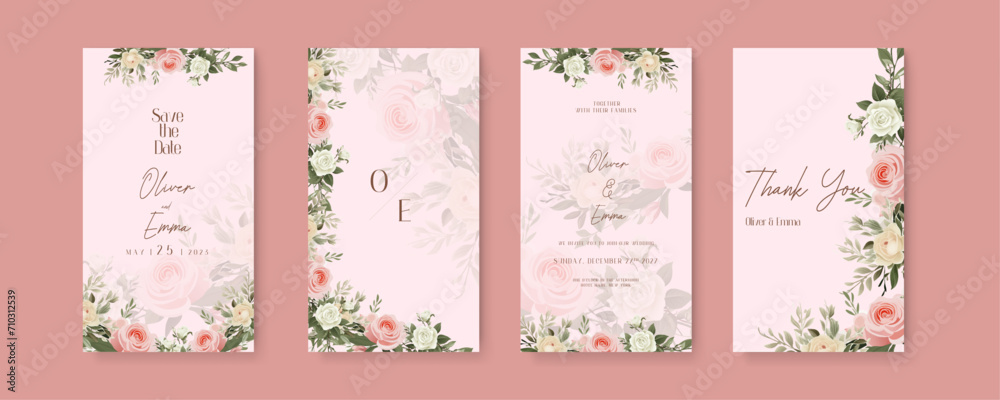 Pink and beige rose luxury wedding invitation with golden line art flower and botanical leaves, shapes, watercolor. Wedding invitation template in portrait or story orientation for social media poster