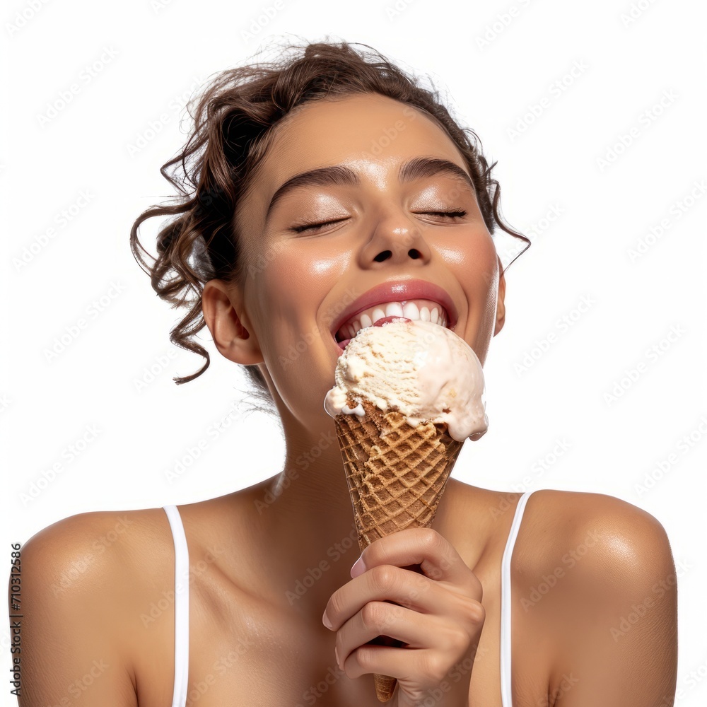 Woman Enjoying Ice Cream Cone With Closed Eyes Woman Enjoying Ice Cream Cone With Closed Eyes