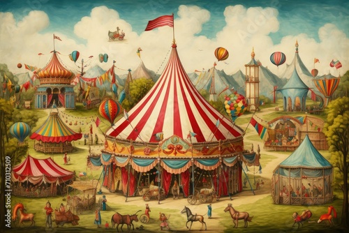 Painting of a Colorful Circus Scene With Circus Tent, Acrobats, and Animals, A vintage circus populated with colorful tents and magical creatures, AI Generated