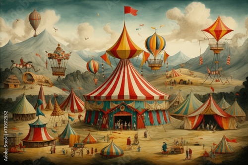 A lively, colorful painting of a circus tent stands proudly in the middle of a lush green field, A vintage circus populated with colorful tents and magical creatures, AI Generated