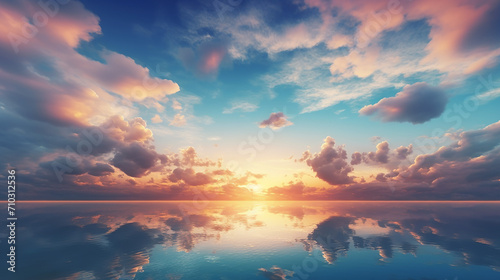 dramatic panorama sky with cloud on sunrise and sunset with reflection