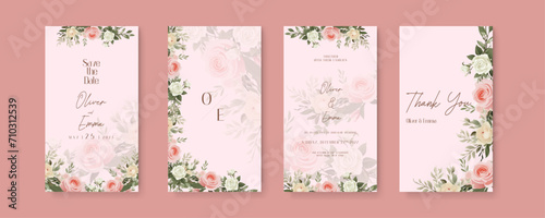 Pink and beige rose luxury wedding invitation with golden line art flower and botanical leaves, shapes, watercolor. Wedding invitation template in portrait or story orientation for social media poster