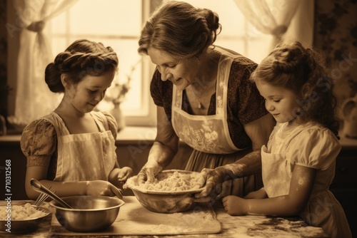 A woman and two children are busy in the kitchen, preparing a meal as a family, A vintage sepia-toned image of a grandmother, mother, and daughter baking together on Mothers Day, AI Generated