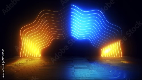 3D animation, glowing neon blue orange lines abstract motion background. Seamless looping. 4K footage