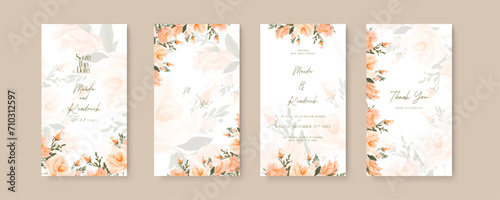 Peach rose elegant wedding invitation card template with watercolor floral and leaves. Wedding invitation template in portrait or story orientation for social media poster