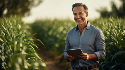 Smart farmer Handsome, smiling with confidence using a tablet to monitor plant growth on a farm for sustainable digital farming photo