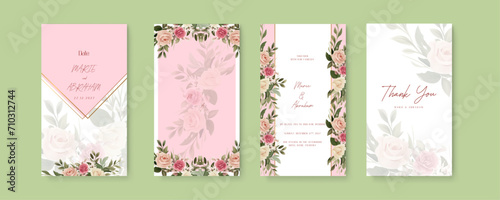 Pink and beige rose modern wedding invitation template with floral and flower. Wedding invitation template in portrait or story orientation for social media poster