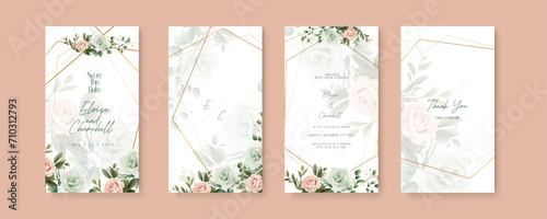 Green and beige rose wedding invitation card template with flower and floral watercolor texture vector. Wedding invitation template in portrait or story orientation for social media poster