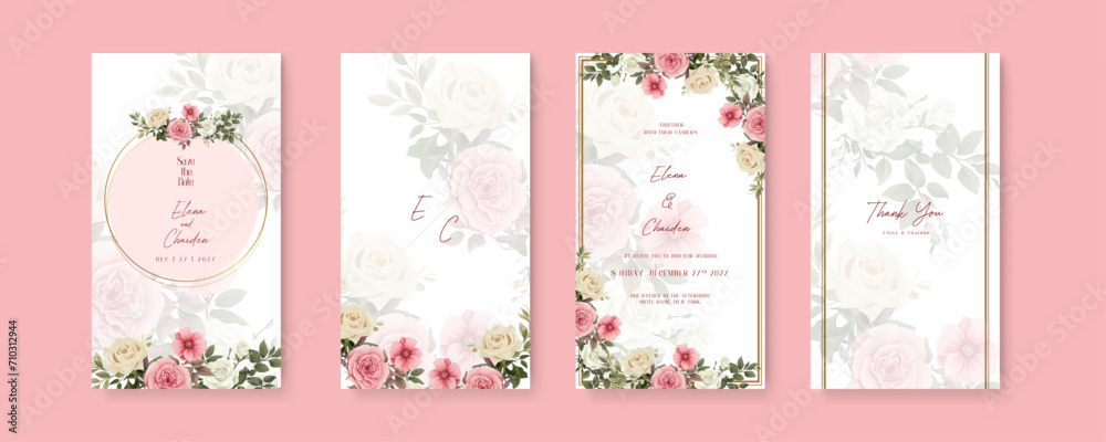 White and pink rose and poppy luxury wedding invitation with golden line art flower and botanical leaves, shapes, watercolor. Wedding invitation template in portrait or story orientation for social