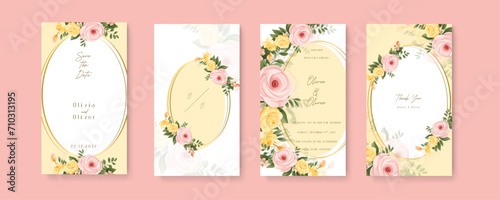 Pink and yellow rose modern wedding invitation template with floral and flower. Wedding invitation template in portrait or story orientation for social media poster