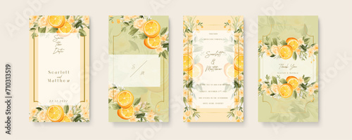 Yellow lemon and rose vector wedding invitation card set template with flowers and leaves watercolor. Wedding invitation template in portrait or story orientation for social media poster