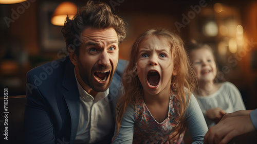 Family Game Night Excitement, lively scene of a family immersed in play, with a father and daughter expressing sheer excitement, their eyes wide with anticipation