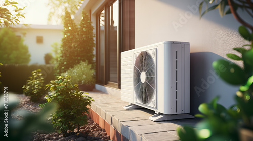 Air condition outside the modern living room house, Air compressor external split wall type of outdoor home air conditioner unit installed on outside building. Concepts of cool or heat or hot and air