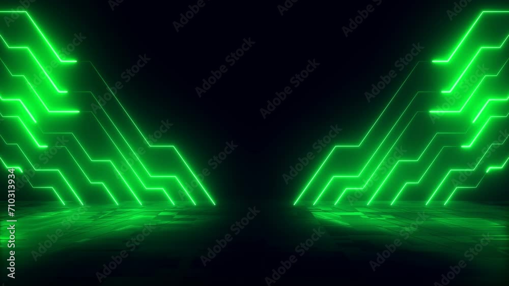 3D animation, abstract neon green background with glowing lines. Futuristic technology concept