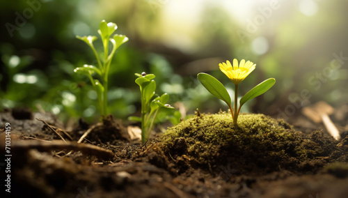 A large yellow flower growing out of dirt and green background, in the style of conceptual, lush landscape backgrounds