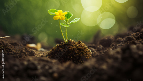 A large yellow flower growing out of dirt and green background, in the style of conceptual, lush landscape backgrounds   © Possibility Pages