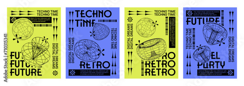 Poster design layout in y2k techno style with grid abstract simple elements and text box. Vector set of trendy retro minimal banner template in 2000s aesthetic with wireframe geometric shapes.