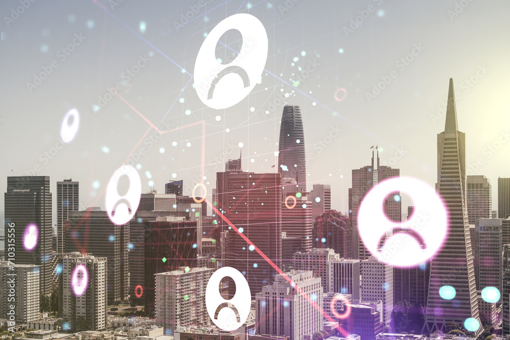 Abstract virtual social network concept on San Francisco skyline background. Multiexposure
