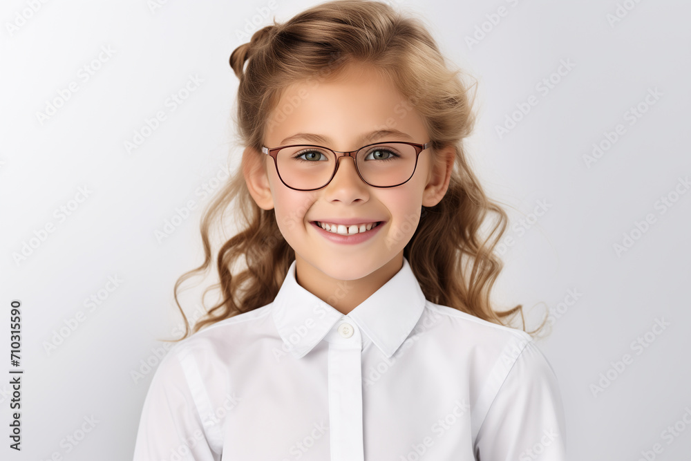 Schoolgirl in glasses, smiling, looking at camera, back to school concept, isolated on the white background, studio shot