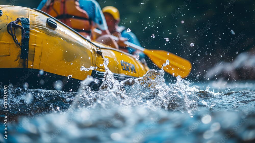 Naklejka premium Close-up of rafters paddling through a swift river. Spray and droplets in vivid detail. Action-packed and thrilling river adventure
