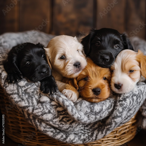 Cute puppies in a basket with a cozy blanket, Indoor home environment, variety of breeds showing different fur patterns 