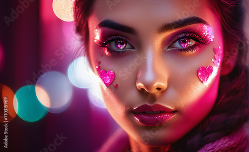 A woman's face with a hot pink heart. Generative AI