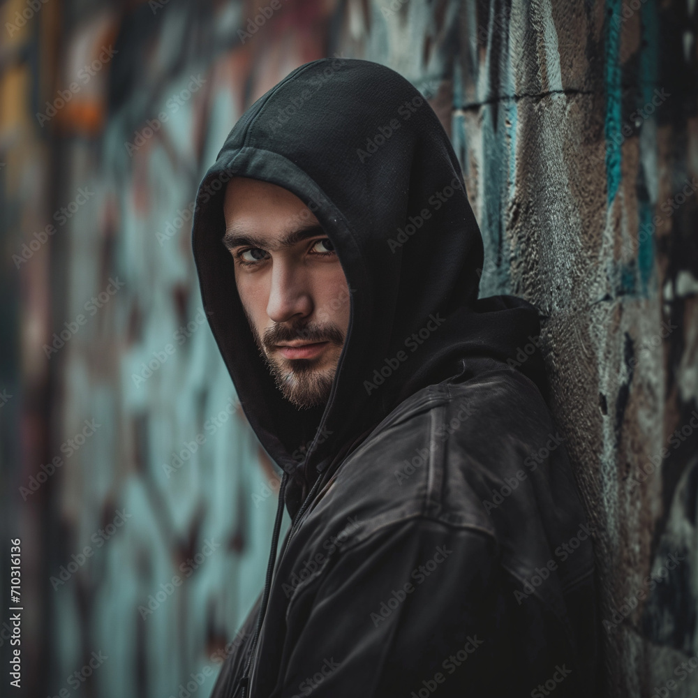 Portrait of a modern-day outlaw man, casual yet edgy outfit, urban background with graffiti walls Portrait of a modern-day outlaw man, casual yet edgy outfit, urban background with graffiti walls