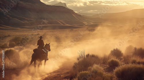 Outlaw on a horse in a desert landscape. Cinematic, dusty and sun-bleached scene. Late afternoon light creating a harsh and unforgiving environment