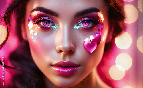 A woman's face with a hot pink heart. Generative AI © 냥냥냥 난