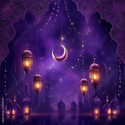  Happy Eid and Ramadan Arabic lantern with burning candle  Ramadan crescent moon  Eid Mubarak Islamic festival concept on a purple background social media banner and Eid Mubarak Post Template  Islam