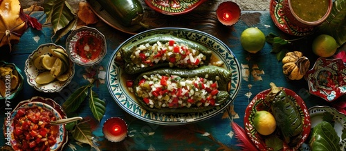 Traditional Mexican dish, Chiles en Nogada, is made with stuffed poblano chili, meat, fruits, and walnut sauce. It is considered the quintessential dish for Mexican national holidays. photo