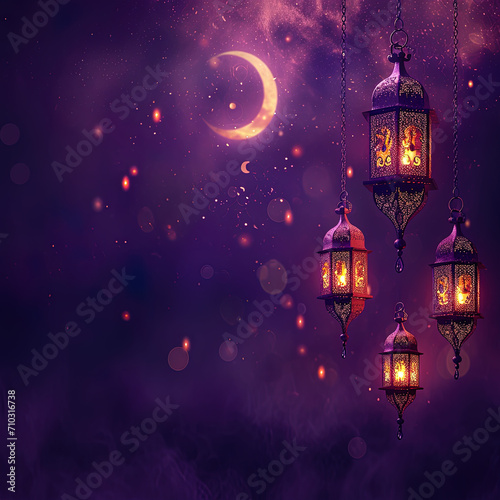  Happy Eid and Ramadan Arabic lantern with burning candle Ramadan crescent moon, Eid Mubarak Islamic festival concept on a purple background social media banner and Eid Mubarak Post Template, Islam