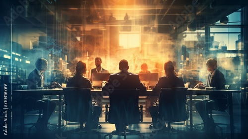 Business people hold a meeting in the office. Photo with double exposure with lighting effects, silhouettes, copy space. Partnership, business, startup, success of the concept.