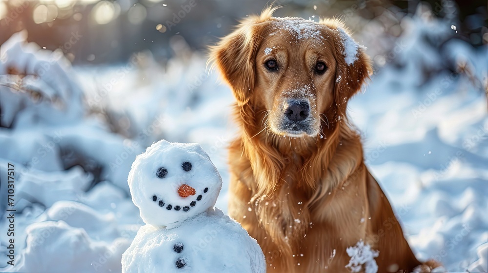 Close-up view of golden retriever dog in winter park with snowman. Winter holidays. Copy space.