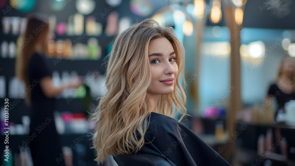 a beautiful blonde model woman in the hairdresser salon gets a new haircut, dyes her hair and style it. sitting on the chair and talks to the hairstylist