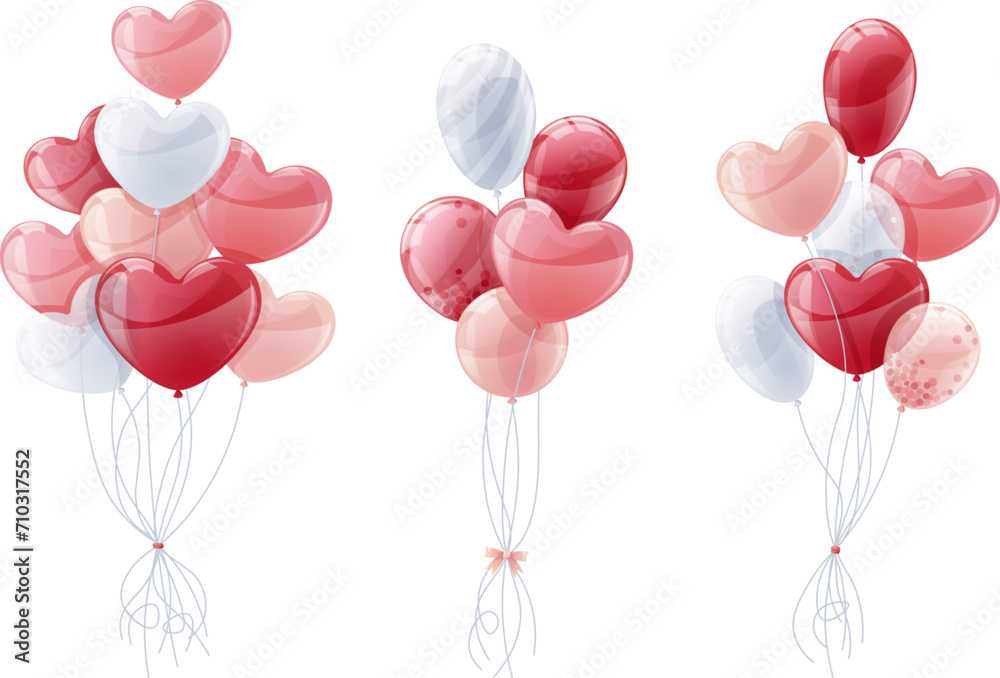 Set of bunches of red and pink balloons on an isolated background. Heart-shaped balloons for Valentine s Day, wedding, holiday.