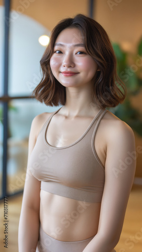 Portrait of beautiful Korean yoga or pilates instructor in her yoga studio