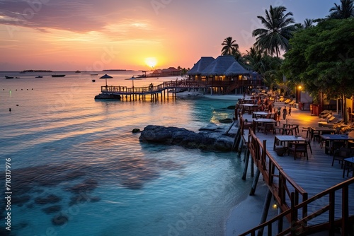 Maldivian landscape at sunset. Generative AI Art. Beautiful view. photo