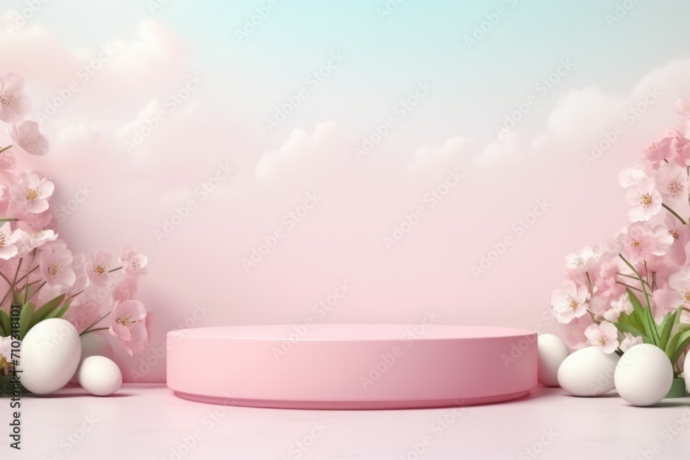 Easter scene with eggs and flowers for advertising. podium for displaying products. Happy Easter. Easter scene with eggs and flowers for advertising. podium for displaying products. Happy Easter.