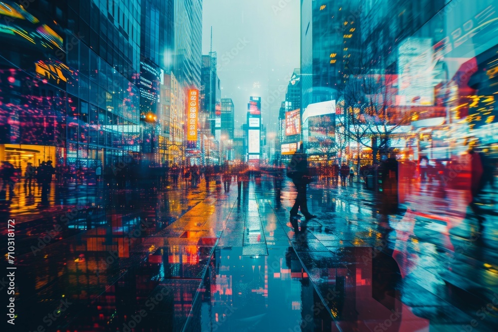 Double exposure combining a bustling tech hub with holographic interfaces