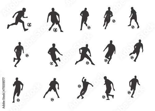 A set of football player, sports people playing football. in various poses isolated vector silhouette on white background © Agoeng