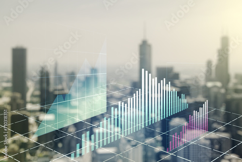 Multi exposure of virtual abstract financial diagram on blurry office buildings background, banking and accounting concept © Pixels Hunter