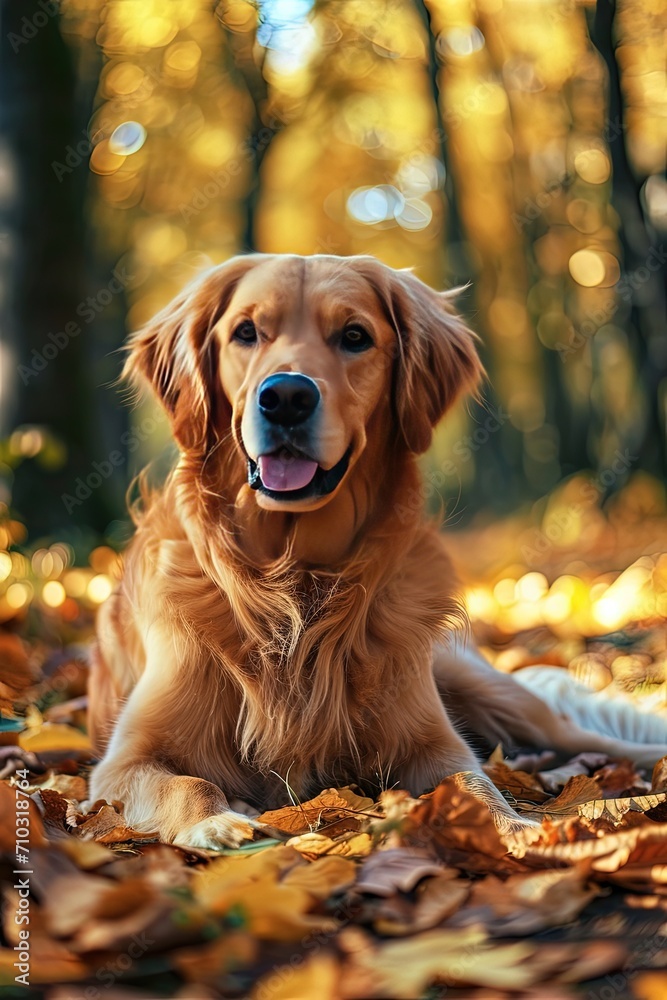 A Golden Retriever dog lies on the autumn foliage. Golden autumn. Close-up view.