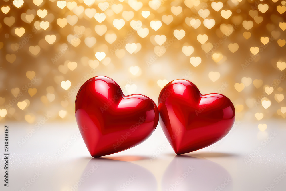 Two glossy red hearts against a golden background with sparkling heart-shaped bokeh lights.