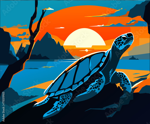 A turtle sunbathing on a rock vektor icon illustation